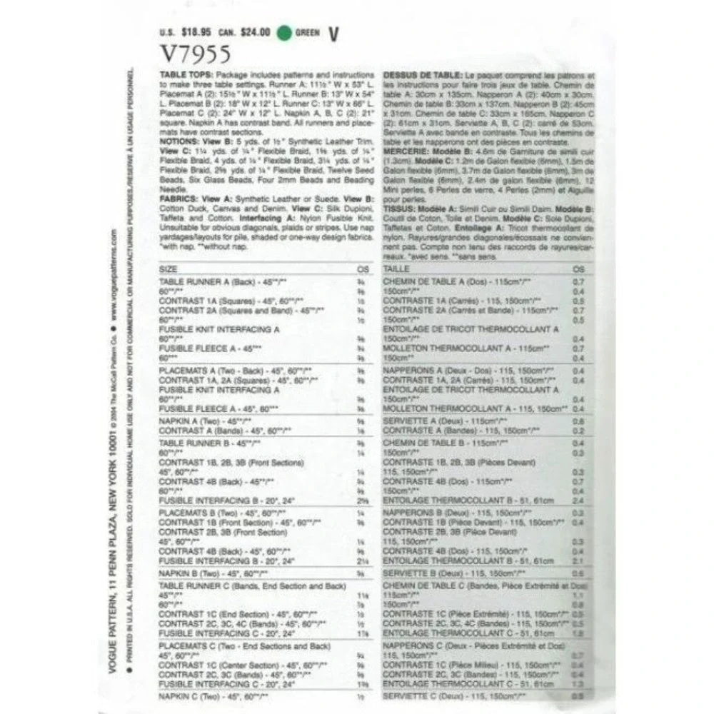 Vogue Decor V7955‎ Sewing Pattern For Table Runner Placemats & Napkins